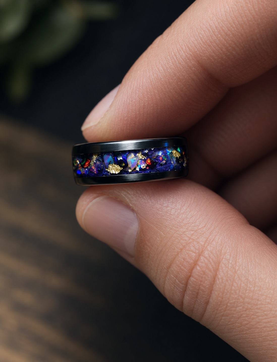 Close-up of a colorful inlay ring